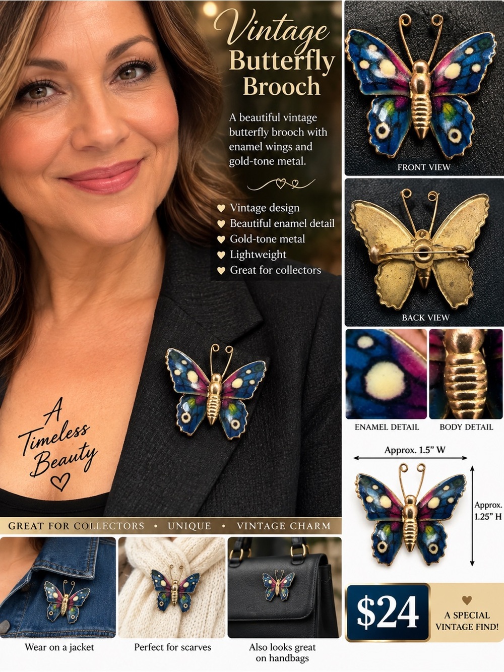 Vintage Blue Enamel Butterfly Brooch - Gold-Tone Accent